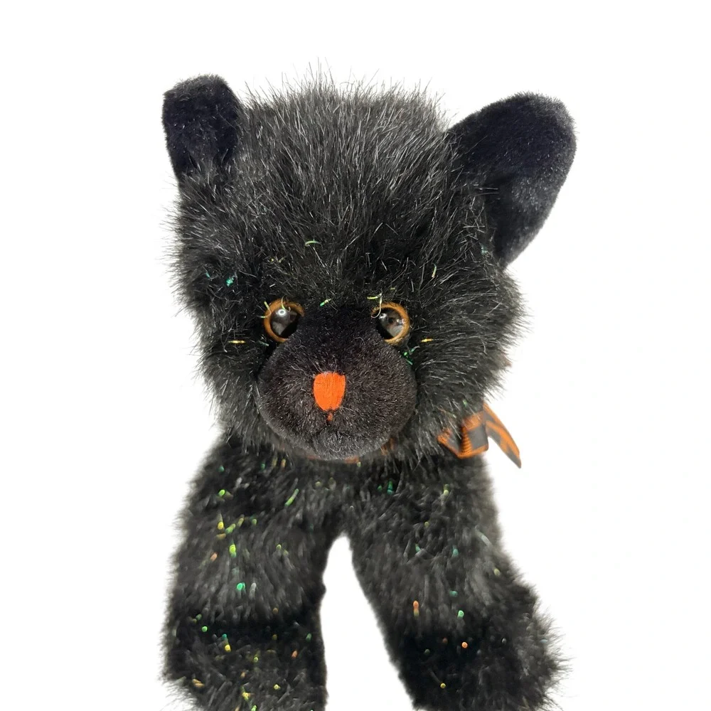 Russ Berrie Burnside Black Cat Plush Halloween Tinsel Bow Stuffed Animal 7